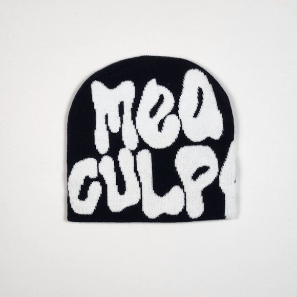 New Women's Mea Culpa Y2K Knit Beanie Cap - Black & White, One Size, Retro Style - Picture 1 of 2